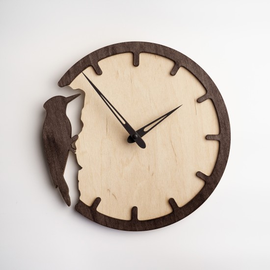 Woodpecker Wall Clock - Unique and large wooden clock with a bird design, ideal for nature enthusiasts.