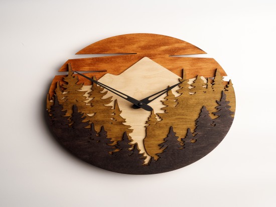 Wood Mountain Wall Clock - Unique Nature-Inspired Design - Laser Cut Layered Clock - Forest Wood Clock Decor