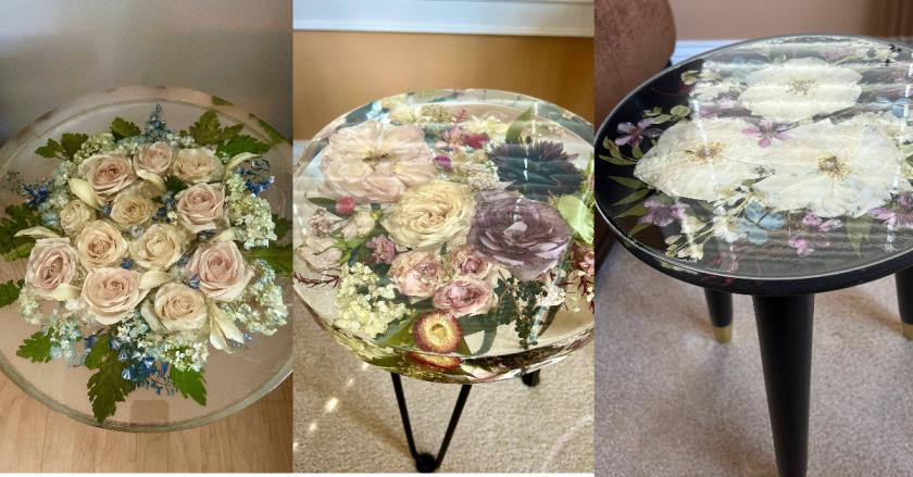 Bouquet preservation,Wedding flower resin side table,,Custom resin side table with dry flowers,Resin side table with wedding flowers