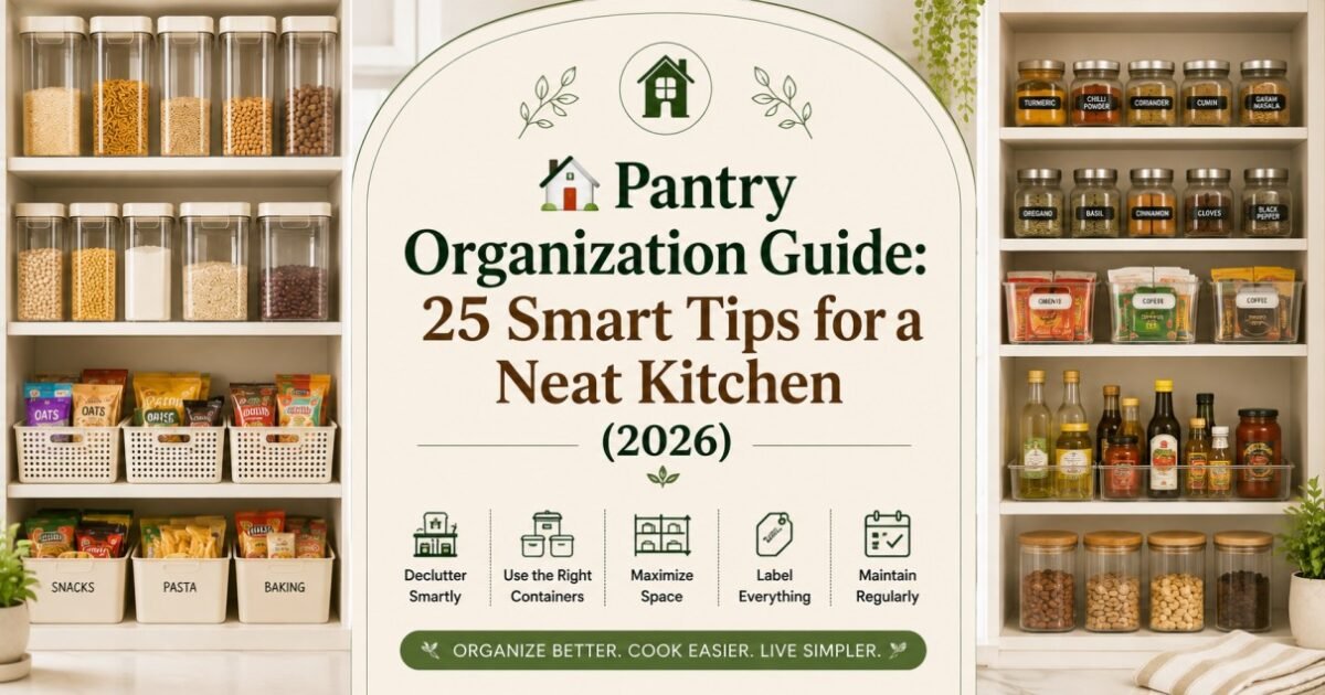 Looking for a simple Pantry Organization Guide? Discover 25 smart tips for decluttering shelves, organizing food categories, using storage bins and containers, maximizing space and maintaining a neat kitchen in 2026.