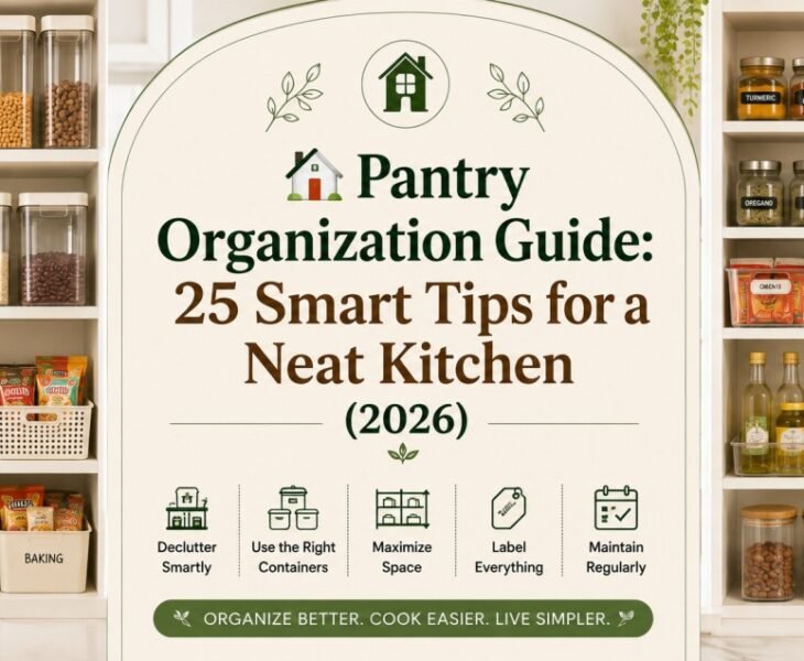 Looking for a simple Pantry Organization Guide? Discover 25 smart tips for decluttering shelves, organizing food categories, using storage bins and containers, maximizing space and maintaining a neat kitchen in 2026.