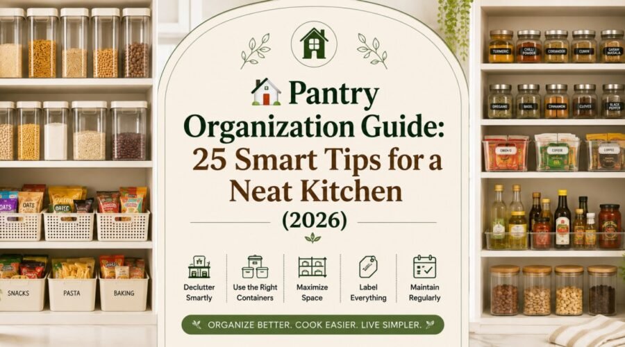 Looking for a simple Pantry Organization Guide? Discover 25 smart tips for decluttering shelves, organizing food categories, using storage bins and containers, maximizing space and maintaining a neat kitchen in 2026.